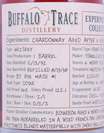 Buffalo Trace 1992 14 Years Chardonnay French Oak Barrel 2. Release Experimental Collection 2007 Bourbon Whiskey 45,0%