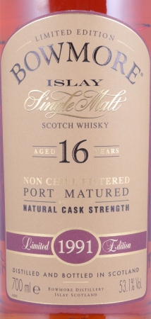 Bowmore 1991 16 Years Port Cask Limited Edition Bottling Islay Single Malt Scotch Whisky Cask Strength 53,1%