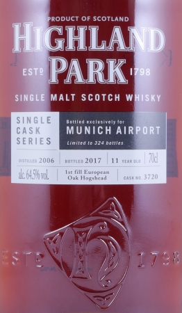 Highland Park 2006 11 Years 1st Fill European Hogshead Cask No. 3720 Munich Airport Exclusive Orkney Islands Single Malt Scotch Whisky 64.5%