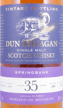 Springbank 1969 35 Years Sherry Butt Cask No. 148 Dun Bheagan Special Edition Campbeltown Single Malt Scotch Whisky 50.0%
