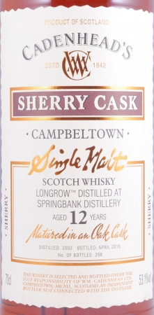 Longrow 2001 12 Years Sherry Cask Cadenhead Campbeltown Single Malt Scotch Whisky Cask Strength 53.1%