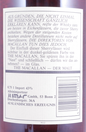 Macallan 12 Years Sherry Wood Highland Single Malt Scotch Whisky 43,0% old Bottling für JUMAC GmbH Bonn