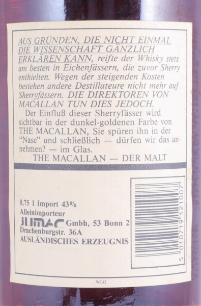 Macallan 12 Years Sherry Wood Highland Single Malt Scotch Whisky 43,0% old Bottling für JUMAC GmbH Bonn