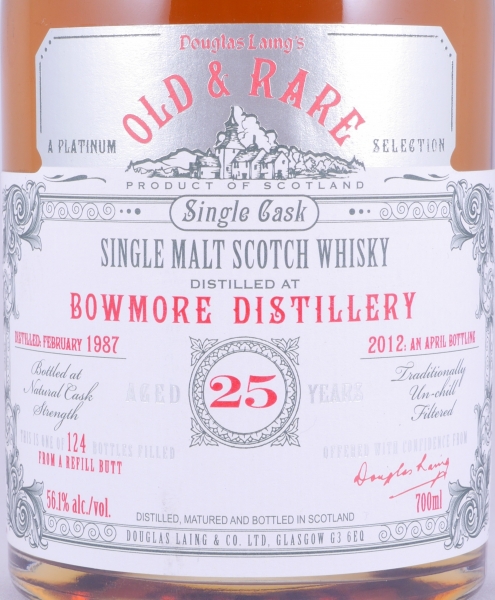 Bowmore 1987 25 Years Refill Sherry Butt Douglas Laing Old and Rare Platinum Selection Islay Single Malt Scotch Whisky Cask Strength 56.1%