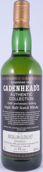 Macallan-Glenlivet 1980 12 Years Oak Cask 150th Anniversary Bottling Cadenhead Highland Single Malt Scotch Whisky 60.4%