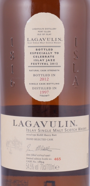 Lagavulin 1997 15 Years Refill Sherry Butt Cask No. 1894 Islay Jazz Festival 2012 Limited Edition Islay Single Malt Scotch Whisky Cask Strength 54.5%