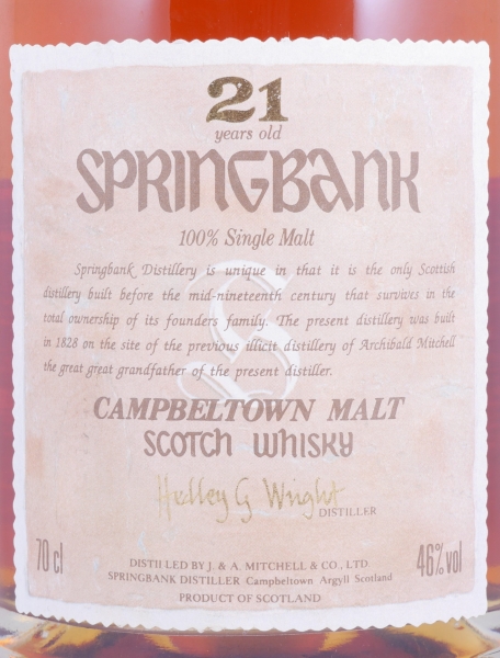 Springbank 21 Years Hedley G Wright Round Dumpy Bottle Campbeltown Single Malt Scotch Whisky 46,0%