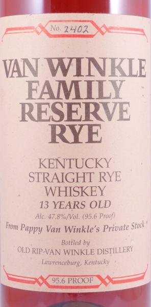 Van Winkle Family Reserve 13 Years No. 2402 Pappy van Winkles Private Stock Stitzel-Weller Lawrenceburg Kentucky Straight Rye Whiskey 47.8%