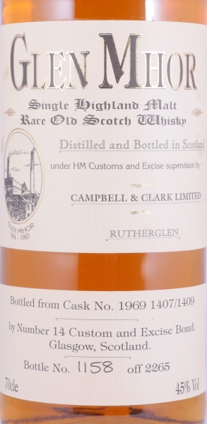 Glen Mhor 1969 25 Years Oak Cask No. 1969 1407/1409 Campbell & Clark Limited Release Rare Old Highland Single Malt Scotch Whisky 45.0%