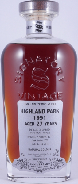 Highland Park 1991 27 Years Sherry Butt Cask No. 15086 Signatory 30th Anniversary Orkney Islands Single Malt Scotch Whisky 52.0%