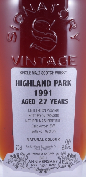 Highland Park 1991 27 Years Sherry Butt Cask No. 15086 Signatory 30th Anniversary Orkney Islands Single Malt Scotch Whisky 52.0%