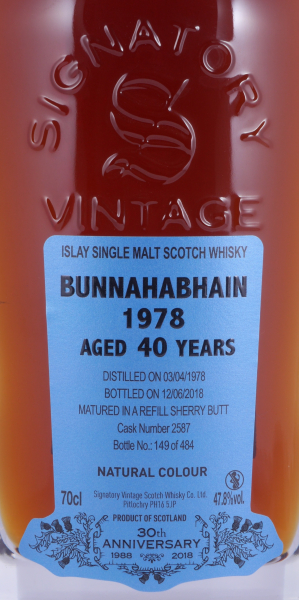 Bunnahabhain 1978 40 Years Refill Sherry Butt Cask No. 2587 Signatory 30th Anniversary Islay Single Malt Scotch Whisky 47.8%