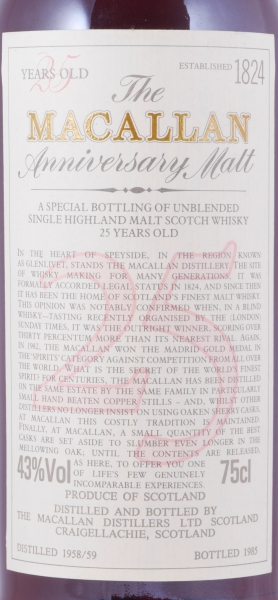 Macallan 1958/1959 25 Years The Anniversary Malt Special Bottling of Unblended Highland Single Malt Scotch Whisky 43.0%