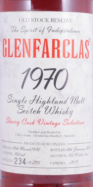 Glenfarclas 1970 32 Years Sherry Cask No. 2019 Old Stock Reserve Vintage Selection Highland Single Malt Scotch Whisky 50,1%