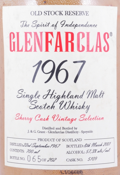 Glenfarclas 1967 33 Years Sherry Cask No. 5109 Old Stock Reserve Vintage Selection Highland Single Malt Scotch Whisky 57,3%