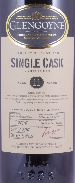 Glengoyne 1997 11 Years Spanish Oak Sherry Hogshead Cask No. 2696 Highland Single Malt Scotch Whisky Cask Strength 55,6%