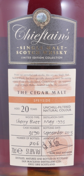 The Cigar Malt 1993 20 Years Oloroso Sherry Butt Cask No. 3590 Chieftains Choice Speyside Single Malt Scotch Whisky 51.8%