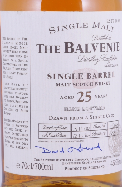 Balvenie 1974 25 Years Single Barrel Oak Cask No. 15190 Highland Single Malt Scotch Whisky 46.9%