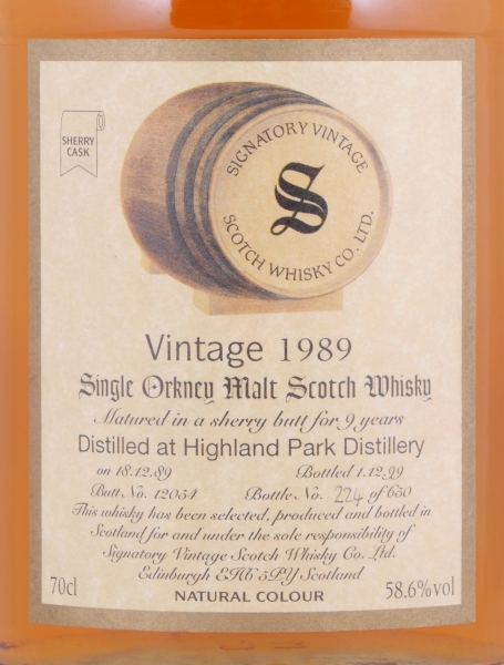 Highland Park 1989 9 Years Sherry Butt Cask No. 12054 Signatory Vintage Dumpy Bottle Orkney Ilsands Single Malt Scotch Whisky 58,6%