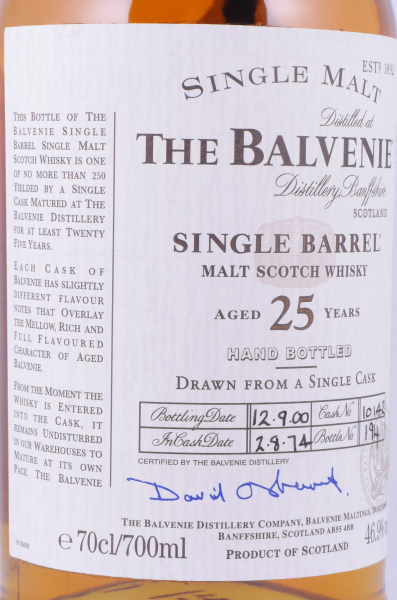 Balvenie 1974 25 Years Single Barrel Oak Cask No. 10142 Highland Single Malt Scotch Whisky 46.9%