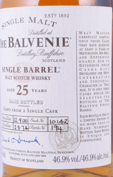 Balvenie 1974 25 Years Single Barrel Oak Cask No. 10142 Highland Single Malt Scotch Whisky 46.9%