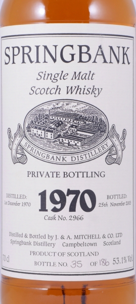 Springbank 1970 32 Years Oak Cask No. 2966 Private Bottling Campbeltown Single Malt Scotch Whisky Cask Strength 53,1%