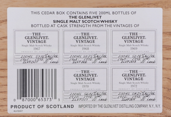 Glenlivet 1967-1972 26-31 Years Cask Strength Vintage Single Cask Collection Speyside Single Malt Scotch Whisky 5x 200ml