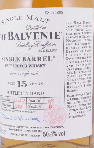 Balvenie 1985 15 Years Single Barrel Oak Cask No. 645 Highland Single Malt Scotch Whisky 50,4%