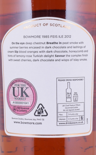 Bowmore 1985 27 Years Bourbon and Sherry Cask Feis Ile 2012 Limited Edition Islay Single Malt Scotch Whisky Cask Strength 52,3%