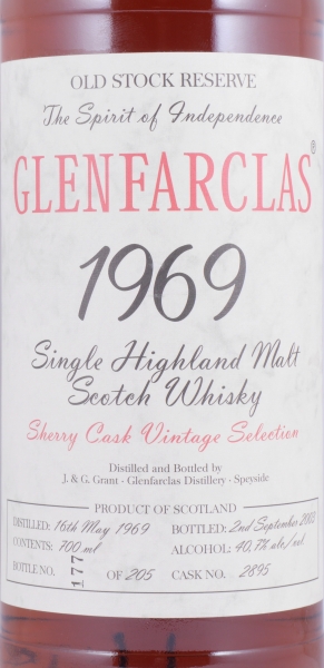 Glenfarclas 1969 34 Years Sherry Cask No. 2895 Old Stock Reserve Vintage Selection Highland Single Malt Scotch Whisky 40.7%