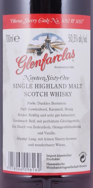 Glenfarclas 1961 48 Years First Fill Oloroso Sherry Casks No. 3052 + 3053 Premium Casks Highland Single Malt Scotch Whisky 50,5%