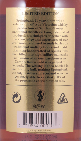 Springbank 21 Years Limited Edition 2019 Port and Rum Casks Campbeltown Single Malt Scotch Whisky 46.0%