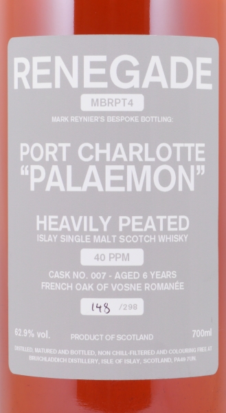 Port Charlotte 2007 6 Years Palaemon Renegade MBRPT4 French Oak of Vosne Romanee Cask No. 007 Islay Single Malt Scotch Whisky 62.9%