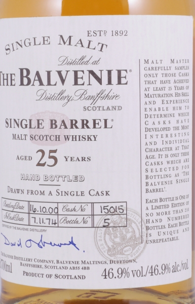 Balvenie 1974 25 Years Single Barrel Oak Cask No. 15015 Highland Single Malt Scotch Whisky 46.9%