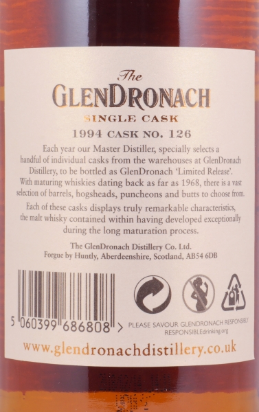 Glendronach 1994 23 Years Pedro Ximenez Sherry Puncheon Cask No. 126 Highland Single Malt Scotch Whisky 54.1%