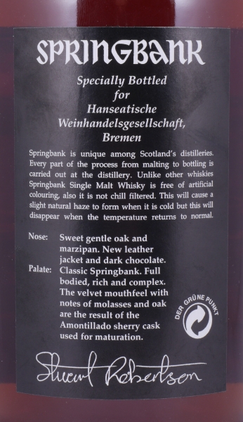 Springbank 1996 12 Years Amontillado Sherry Cask No. 256 Campbeltown Single Malt Scotch Whisky Cask Strength 56.0%