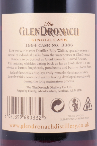 Glendronach 1990 20 Years Pedro Ximenez Sherry Puncheon Cask No. 3386 Highland Single Malt Scotch Whisky 53.6%