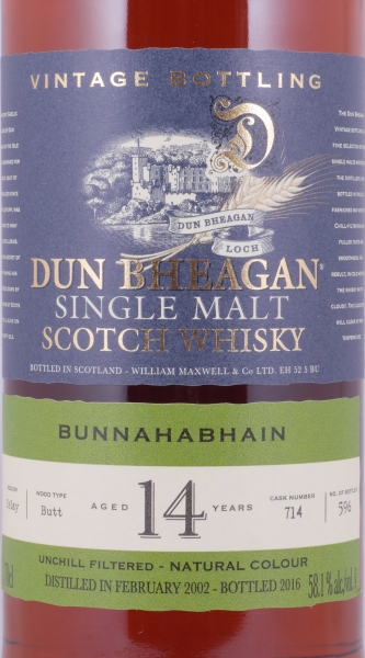 Bunnahabhain 2002 14 Years Sherry Butt No. 714 Dun Bheagan Special Edition Islay Single Malt Scotch Whisky 58,1%