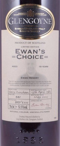 Glengoyne 1986 19 Years Sherry Puncheon Cask No. 441 Ewans Choice Highland Single Malt Scotch Whisky 51,5%