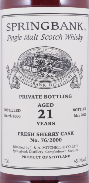 Springbank 2000 21 Years Fresh Sherry Cask No. 76/2000 Private Bottling Campbeltown Single Malt Scotch Whisky 45.0%