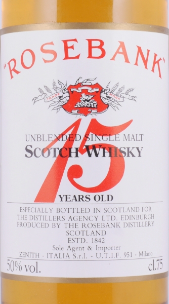 Rosebank 15 Years The Distillers Agency Edinburgh für Zenith Milano Unblended Lowland Single Malt Scotch Whisky 50,0%