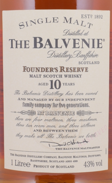 Balvenie 10 Years Founders Reserve Highland Single Malt Scotch Whisky 43.0% 1.0 Litre