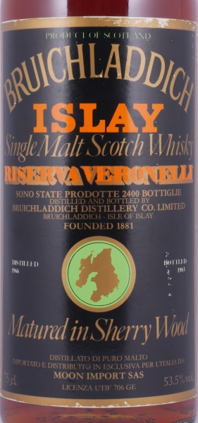 Bruichladdich 1966 21 Years Sherry Wood Riserva Veronelli Moon Import Islay Single Malt Scotch Whisky Cask Strength 53,5%