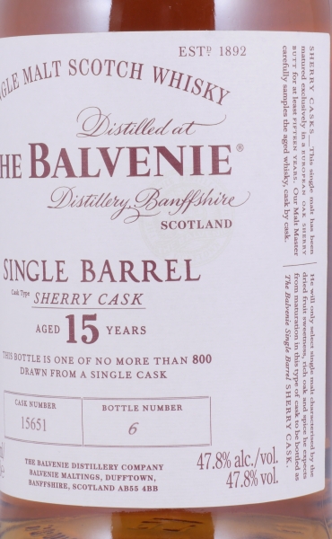 Balvenie 2005 15 Years Single Barrel European Oak Sherry Butt Cask No. 15651 Highland Single Malt Scotch Whisky 47,8%