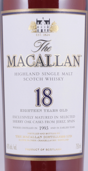 Macallan 1993 18 Years Sherry Oak Highland Single Malt Scotch Whisky 750ml Remy Cointreau NY 43.0%