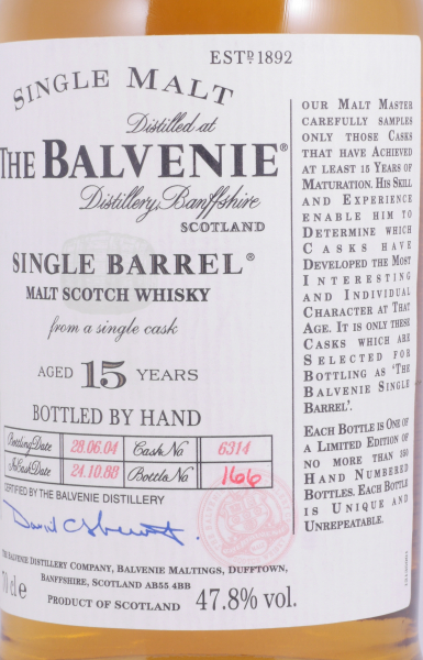 Balvenie 1988 15 Years Single Barrel Cask No. 6314 Highland Single Malt Scotch Whisky 47,8%