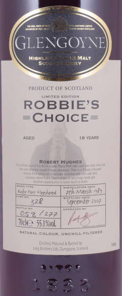 Glengoyne 1989 18 Years Ruby Port Hogshead Cask No. 328 Robbies Choice Limited Edition Highland Single Malt Scotch Whisky 55.1%