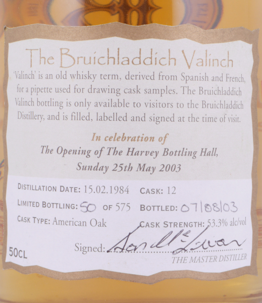 Bruichladdich 1984 19 Years American Oak Cask No. 12 Valinch The Opening of The Harvey Bottling Hall Islay Single Malt Scotch Whisky 53,3%