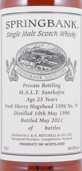 Springbank 1996 25 Years Fresh Sherry Hogshead Cask No. 74 Private Bottling M.A.L.T. Sonthofen Campbeltown Single Malt Scotch Whisky 49,0%