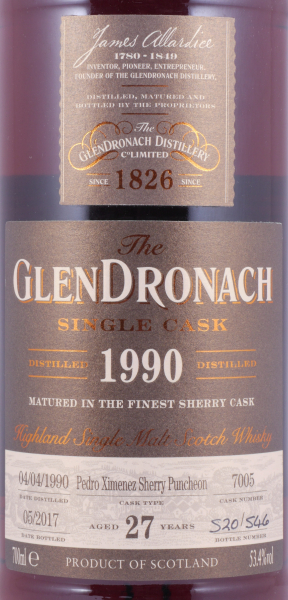 Glendronach 1990 27 Years Pedro Ximenez Sherry Puncheon Cask No. 7005 Highland Single Malt Scotch Whisky Cask Strength 53,4%